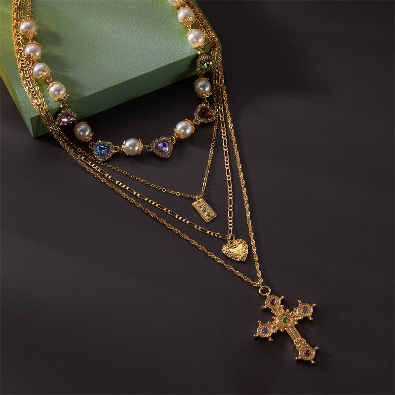 Wholesale  cross necklace  colored diamond cross multilayer necklace