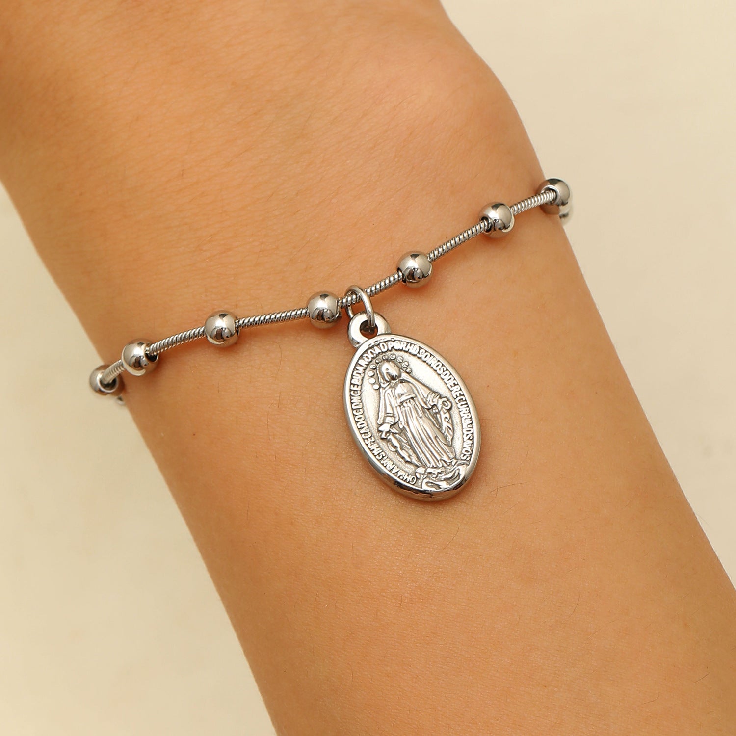 Wholesale Beaded Bracelet With Vintage Maria Cross Oval Pendant Stainless Steel Fashion Accessory For Women Everyday Wear