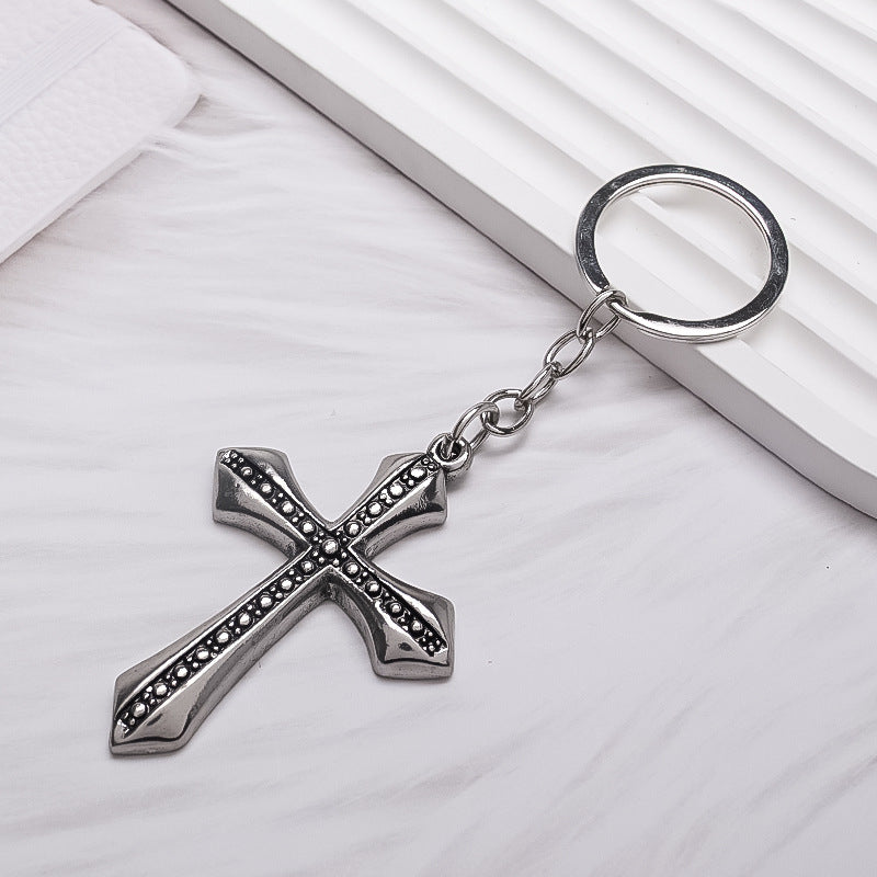 Wholesale Retro Flame Cross Alloy Keychain Silver Tone Electroplated Trendy Car Key Accessory Gift Resale