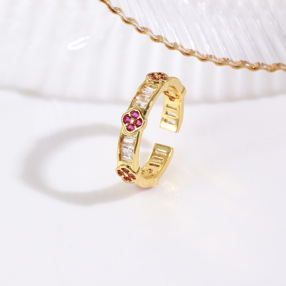 Wholesale Colorful zirconium four-leaf clover flower petal ring