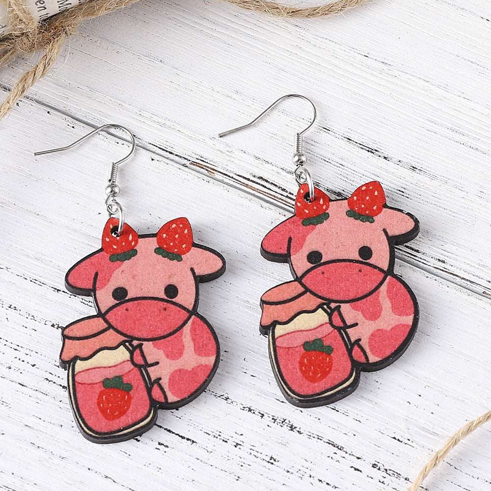 Wholesale Cute Cartoon Strawberry Cow Double-sided Wooden Earrings