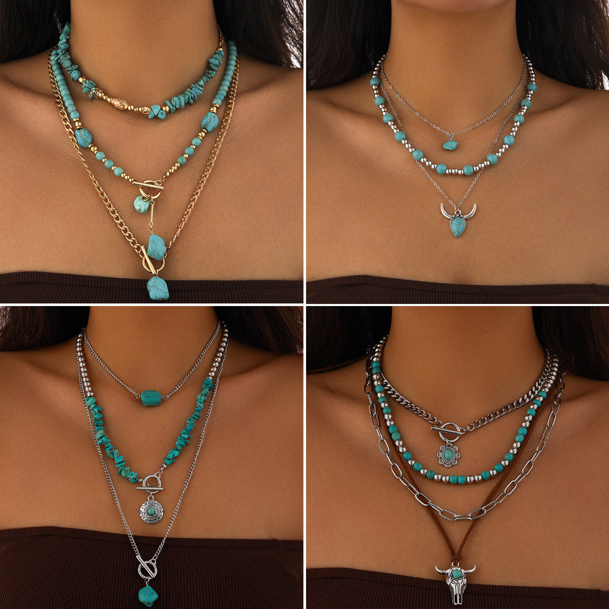 Wholesale Retro Bohemian Multi-Layer Necklace with Turquoise Color,  Iron Electroplating,  Fashion Accessory for Women