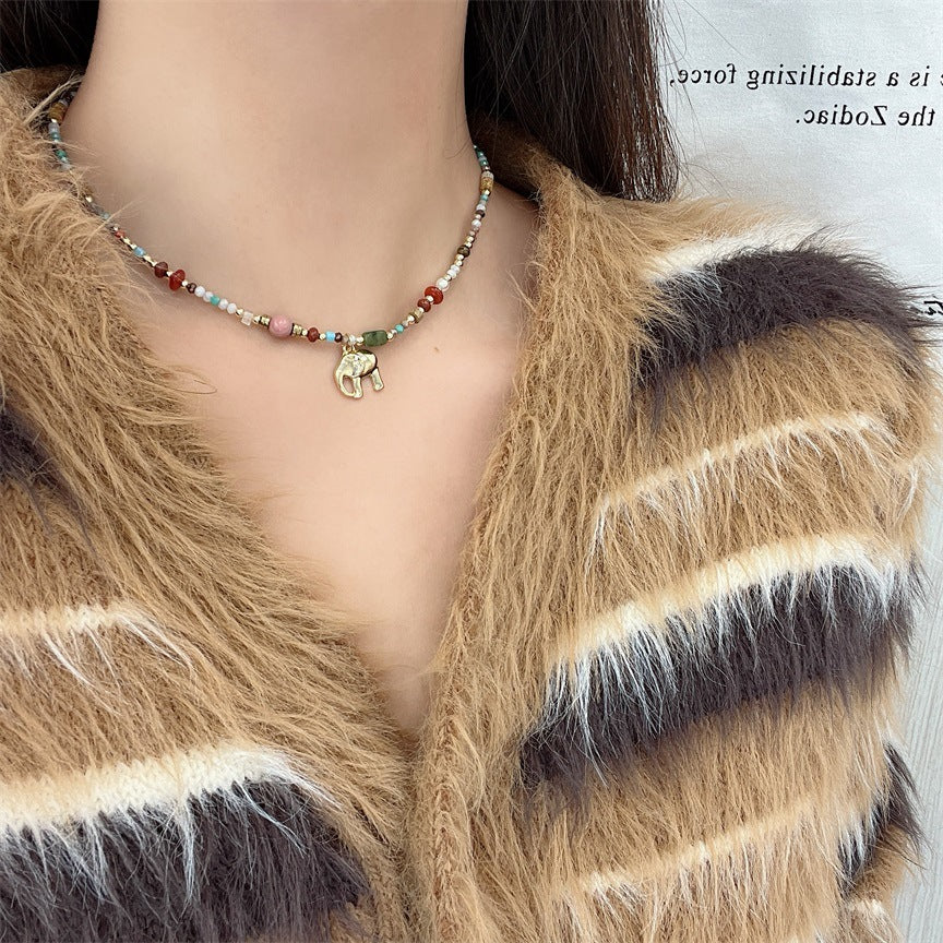 Wholesale Natural Stone Beaded Elephant Pendant Necklace