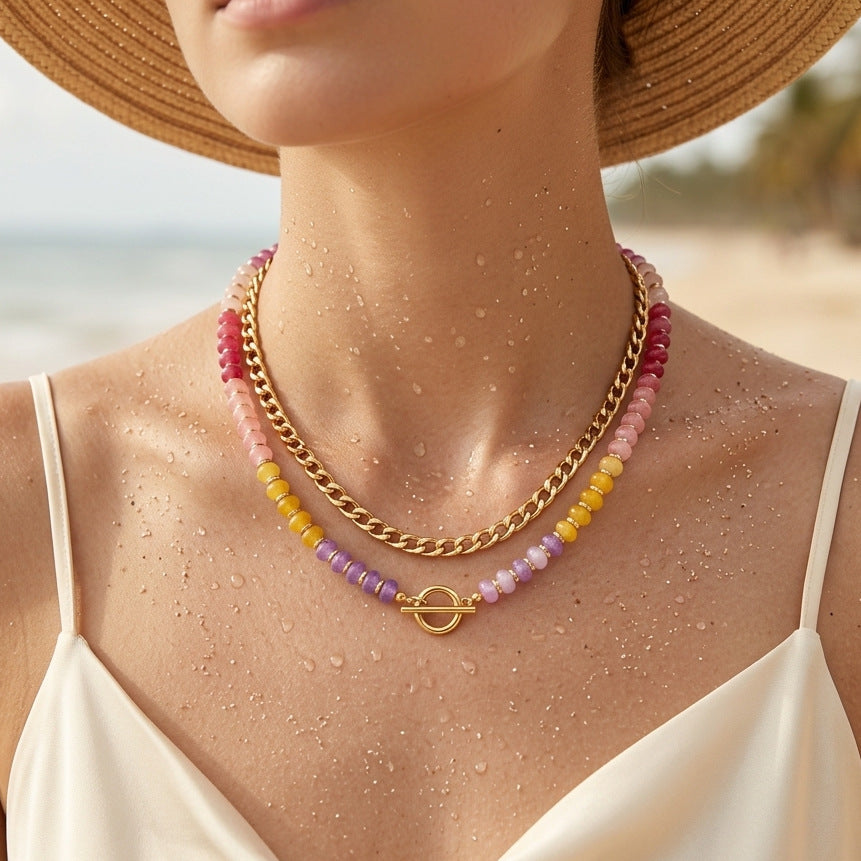 Wholesale Stainless Steel Cuban Chain Necklace Double Layer Natural Stone Abacus Beads Dopamine Style Jewelry Accessory For Women Boutique Gift