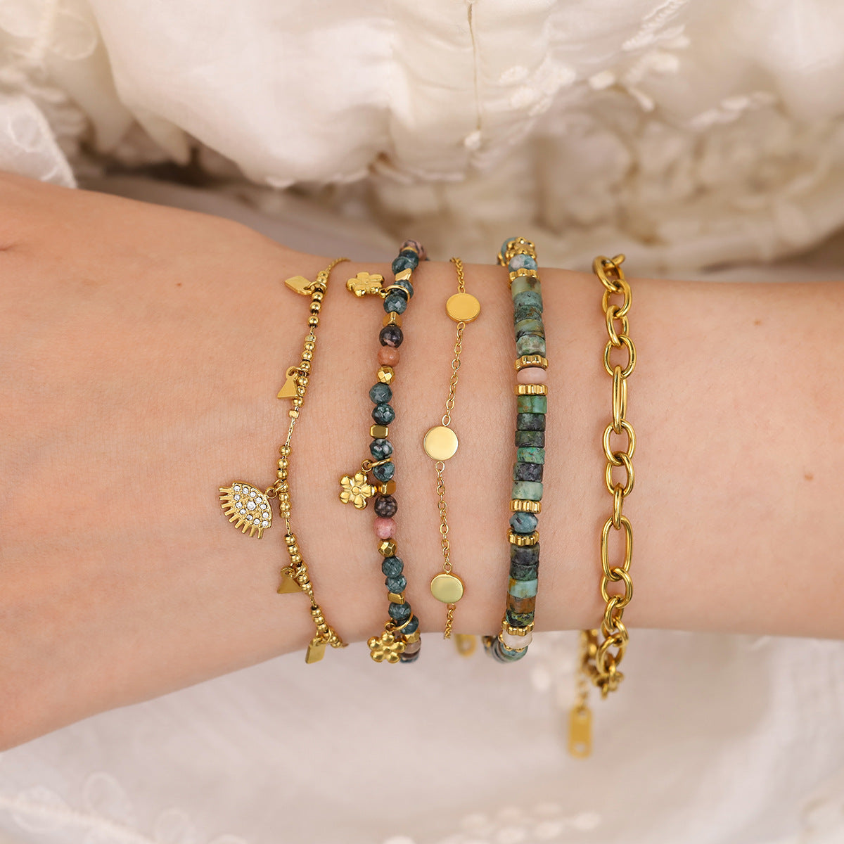 Wholesale Stainless Steel Boho Multicolor Beaded Evil Eye Stacked Bracelet Vintage Metal Jewelry Set For Women Trendy Gift