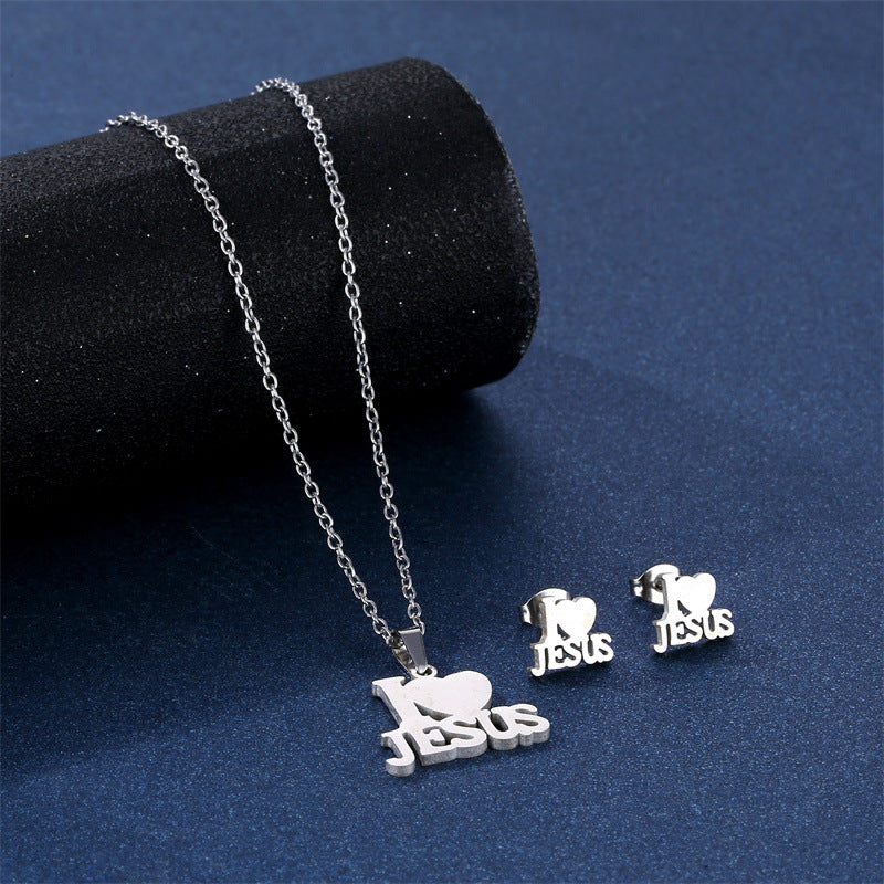 Wholesale 304 Stainless Steel I LOVE JESUS Necklace and Earrings Set ACC-ES-MinM005