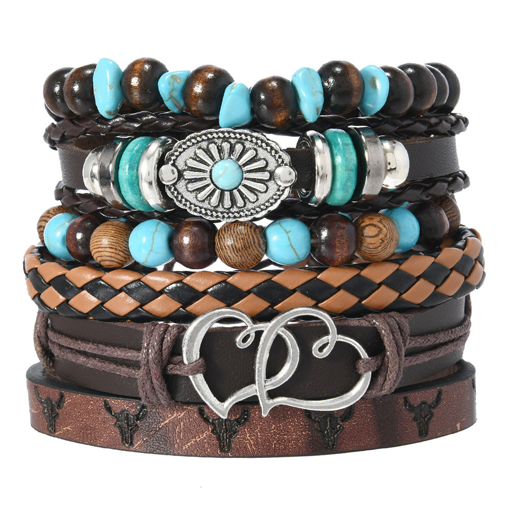 Wholesale vintage leather woven handmade beaded wood beads turquoise  bracelet