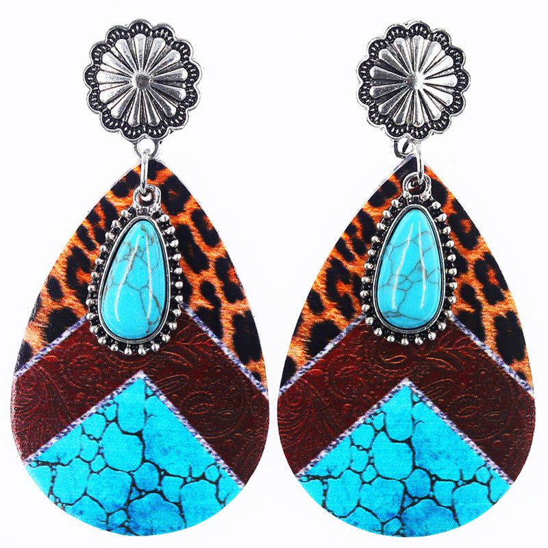 Wholesale Western Denim style leopard print alloy turquoise leather earrings