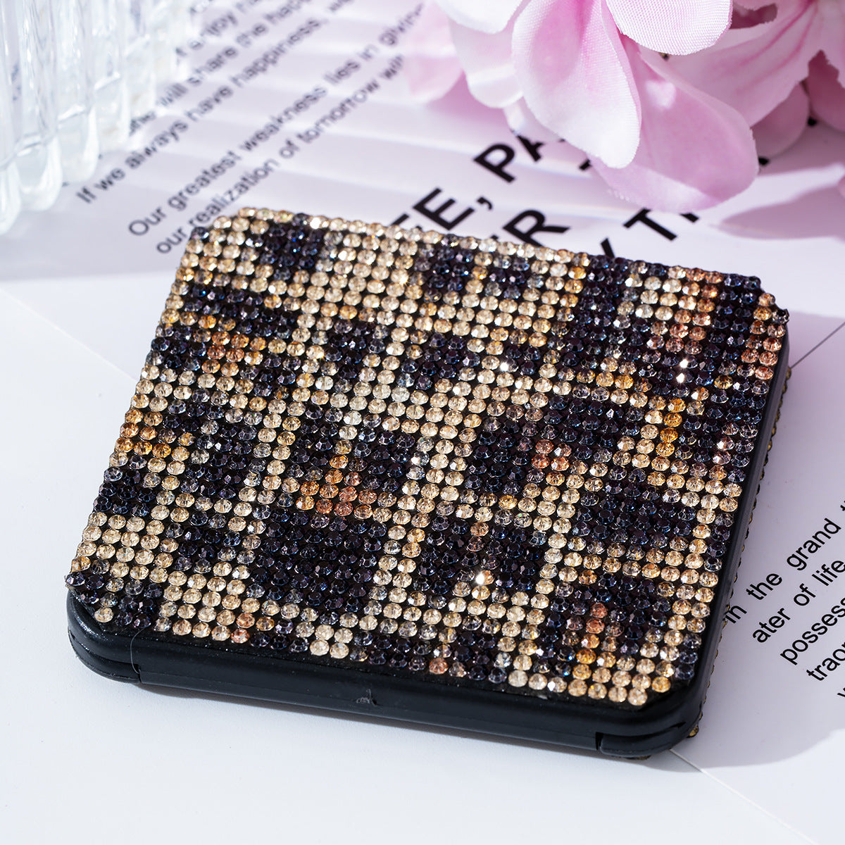 Wholesale Rhinestone portable small mirror mini portable double-sided folding square makeup mirror