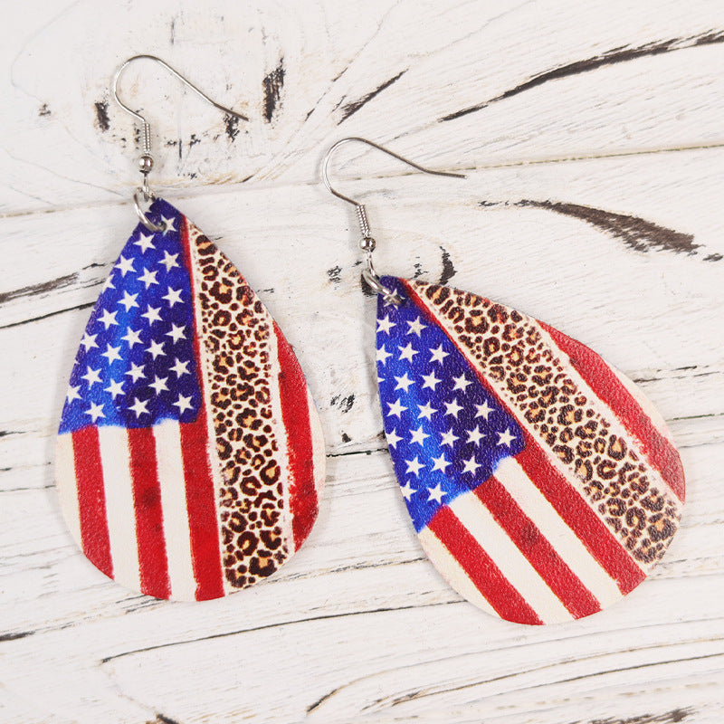 Wholesale Independence Day Sunflower Horse Eagle Leopard Print Cross Lips Love Heart Women Leather Earrings