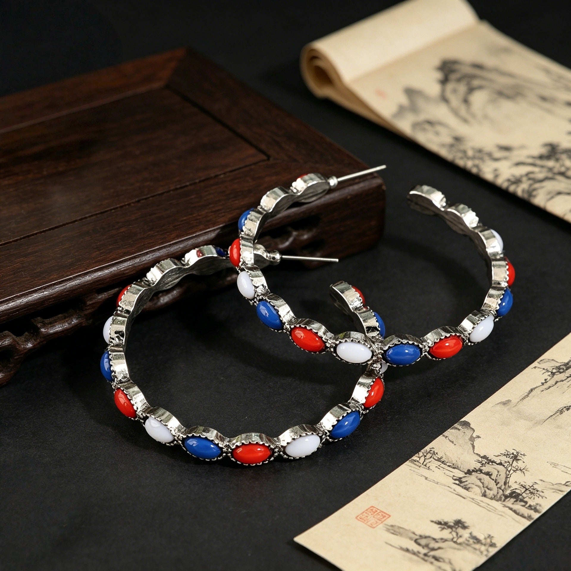 Wholesale Red White Blue C Shape Hoop Earrings American Flag Independence Day Jewelry Accessory