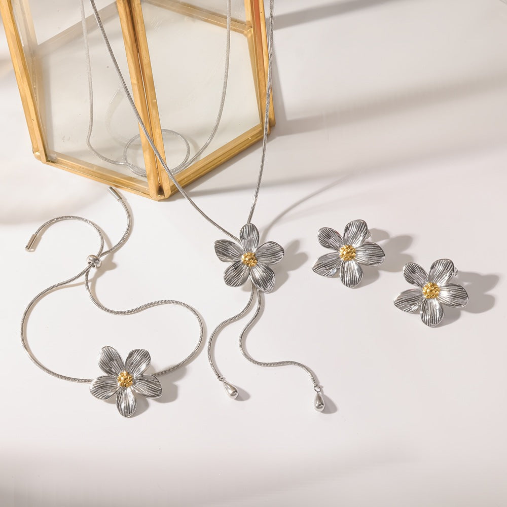 Wholesale Stainless Steel Flower Jewelry Set Matching Bracelet Earrings Necklace Trendy Everyday Fashion Accessory