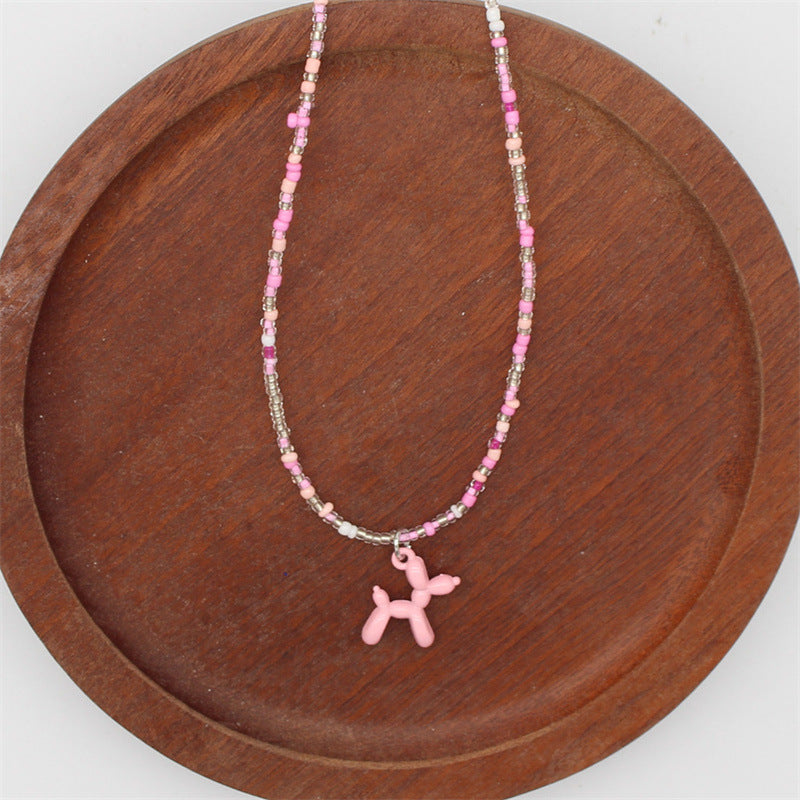 Wholesale cartoon puppy pendant macaron candy color  rice beads beaded necklace