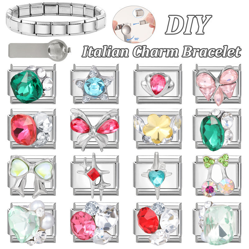 Wholesale Colorful Diamond Butterfly Heart Pendant Stainless Steel DIY Bracelet Accessories European American Style Jewelry for Party Gift