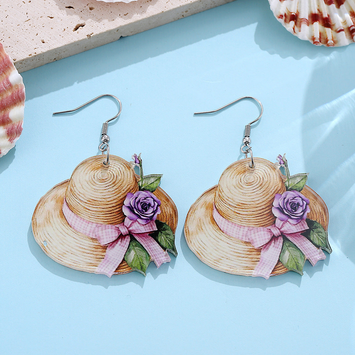 Wholesale Pink Bow Flower Straw Hat Acrylic Earrings