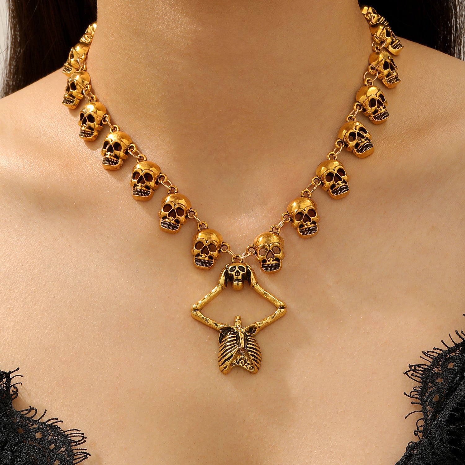 Wholesale Gothic Skeleton Skull Tassel Pendant Choker Necklace,  Antique Gold,  Zinc Alloy,  Fashion Accessory for Resale
