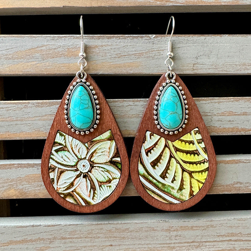 Wholesale Western Style Genuine Leather Leopard Print Embossed Cow Print Droplet Shaped Earrings ACC-ES-XinChuan005