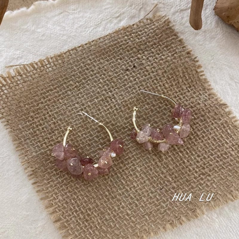 Wholesale Peach Blossom Stone Handmade Pink Strawberry Crystal Natural Stone Earrings