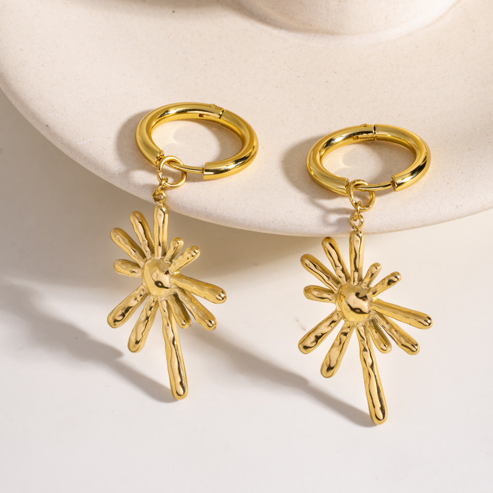 Wholesale Stainless Steel 18K Golden Sun Radial  Exaggerated Personality Necklace Earrings suit