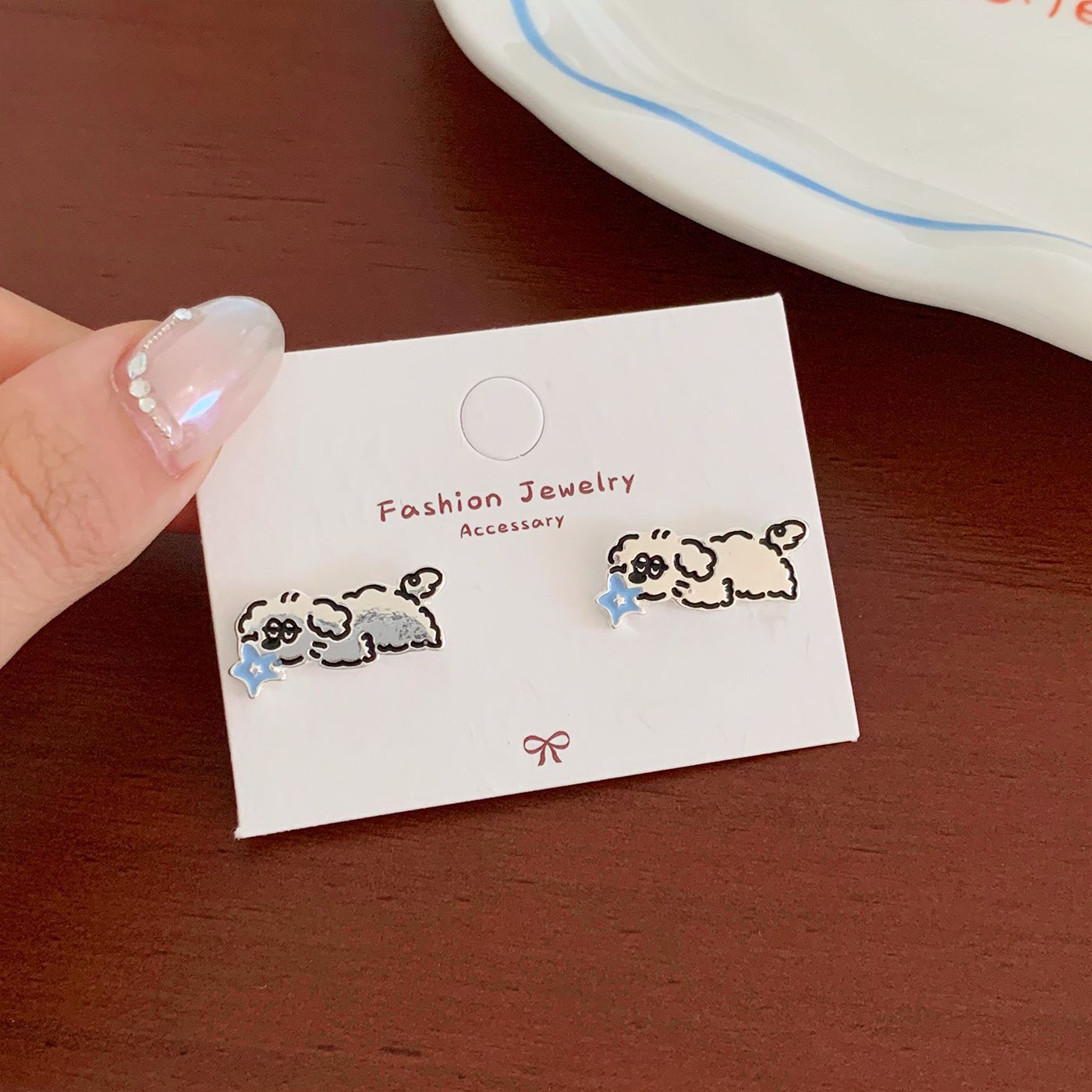 Wholesale Line graffiti blue dog earrings  silver needle cartoon cute small exquisite design earrings