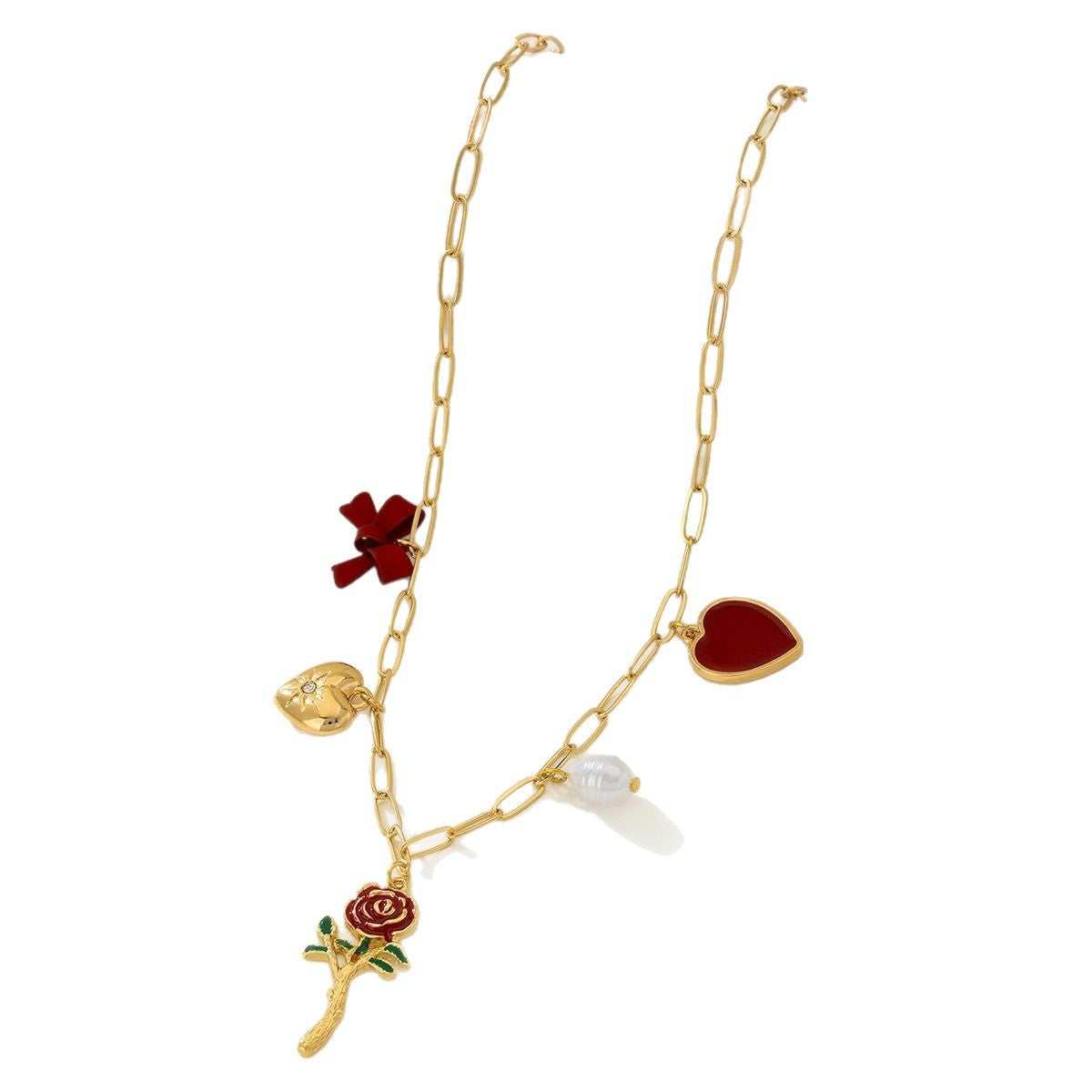 Wholesale Metal Red Heart Artificial Pearl Bow Women's Necklace