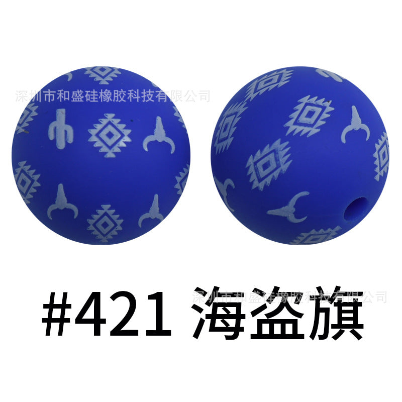 Wholesale 50pcs 15mm Western Style Leopard Skull Color Aztec Printed Silicone Balls Beads ACC-BDS-HeSheng002