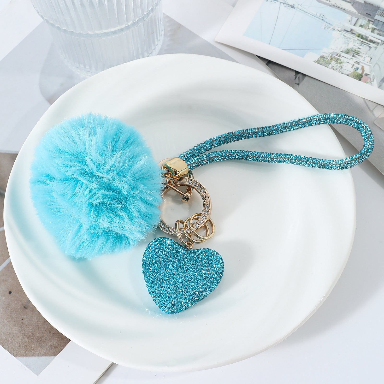 Wholesale Pom Pom Heart-shaped   rhinestone-encrusted keychain