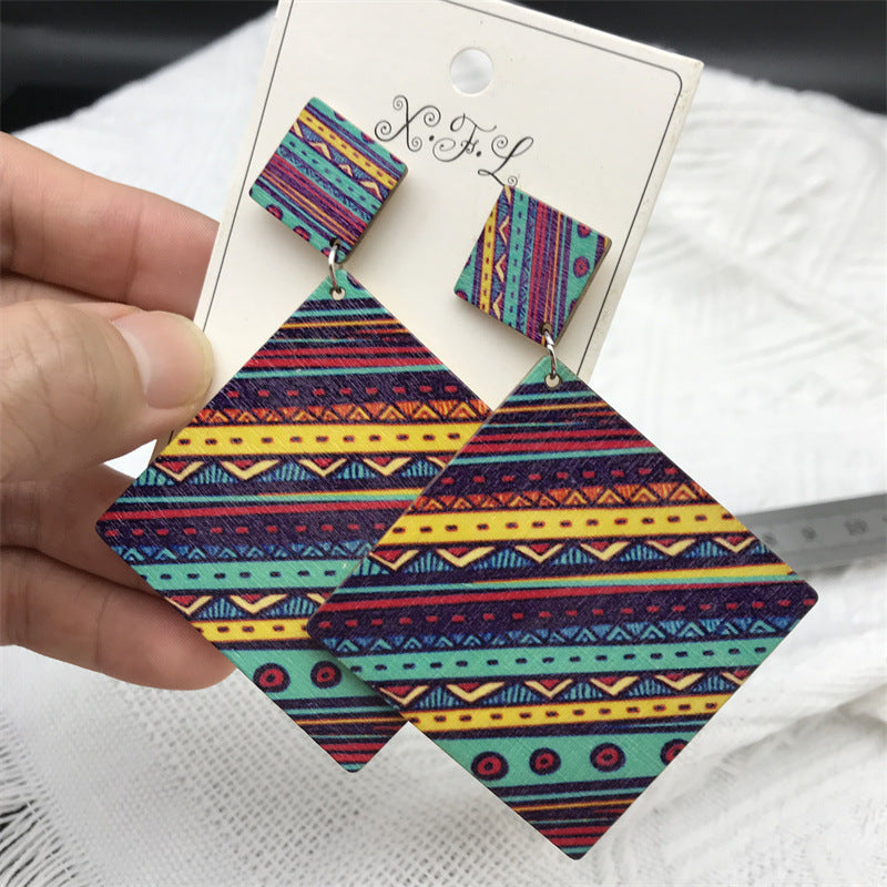 Wholesale Bohemian Vintage Wood Rhombus Long Earrings ACC-ES-FX056