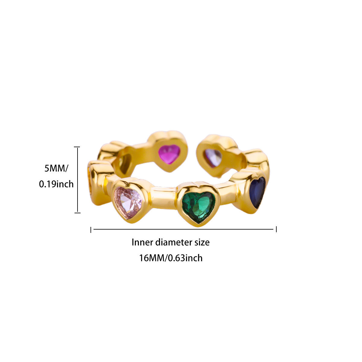 Wholesale Gold Plated Heart Shape Open Ring with Multicolor Zircon - Boutique Resale Jewelry Accessory