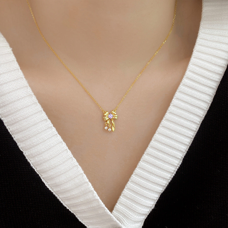 Wholesale Elegant Bow Zirconia Necklace S925 Sterling Silver Pendant Choker Jewelry