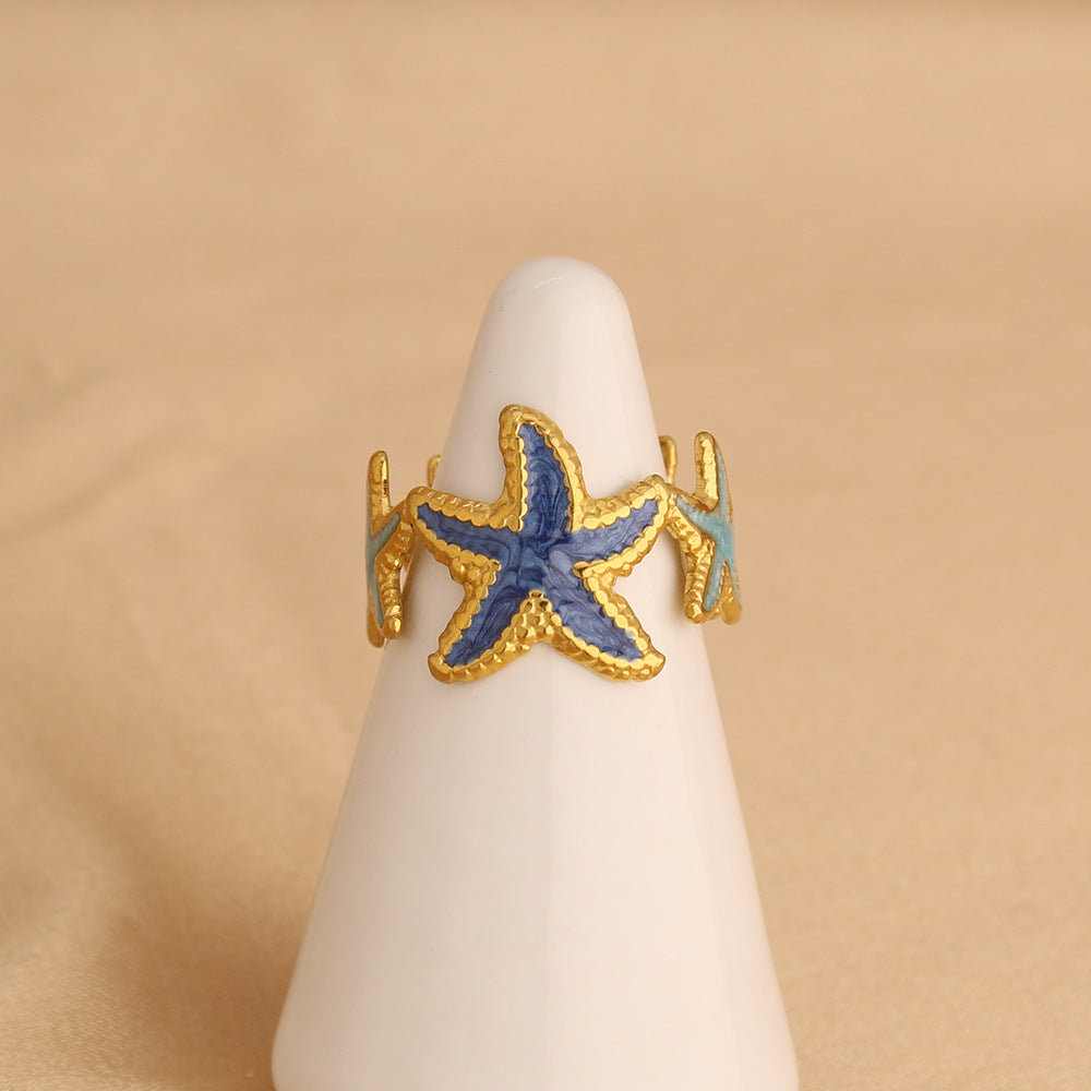 Wholesale Stainless Steel Electroplated Open Adjustable Ring with Starfish Design Women' s Fashion Accessory Gift