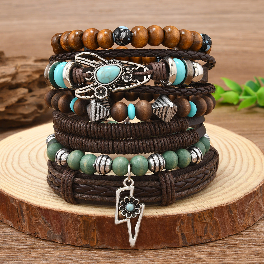 Wholesale Retro Style Bullhead Cactus Multi-Layer Leather Braided DIY 6-Piece  Bracelet