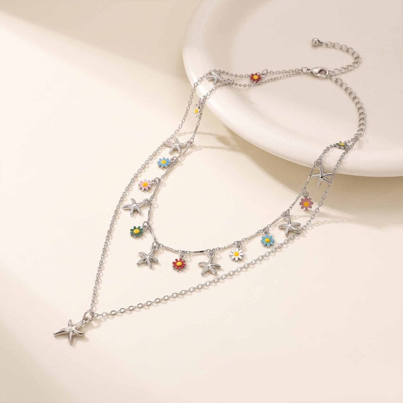 Wholesale Gold Starfish Pendant Double Layer Clavicle Chain With Drop Enamel Flower Design Fashion Jewelry Accessory For Casual Wear