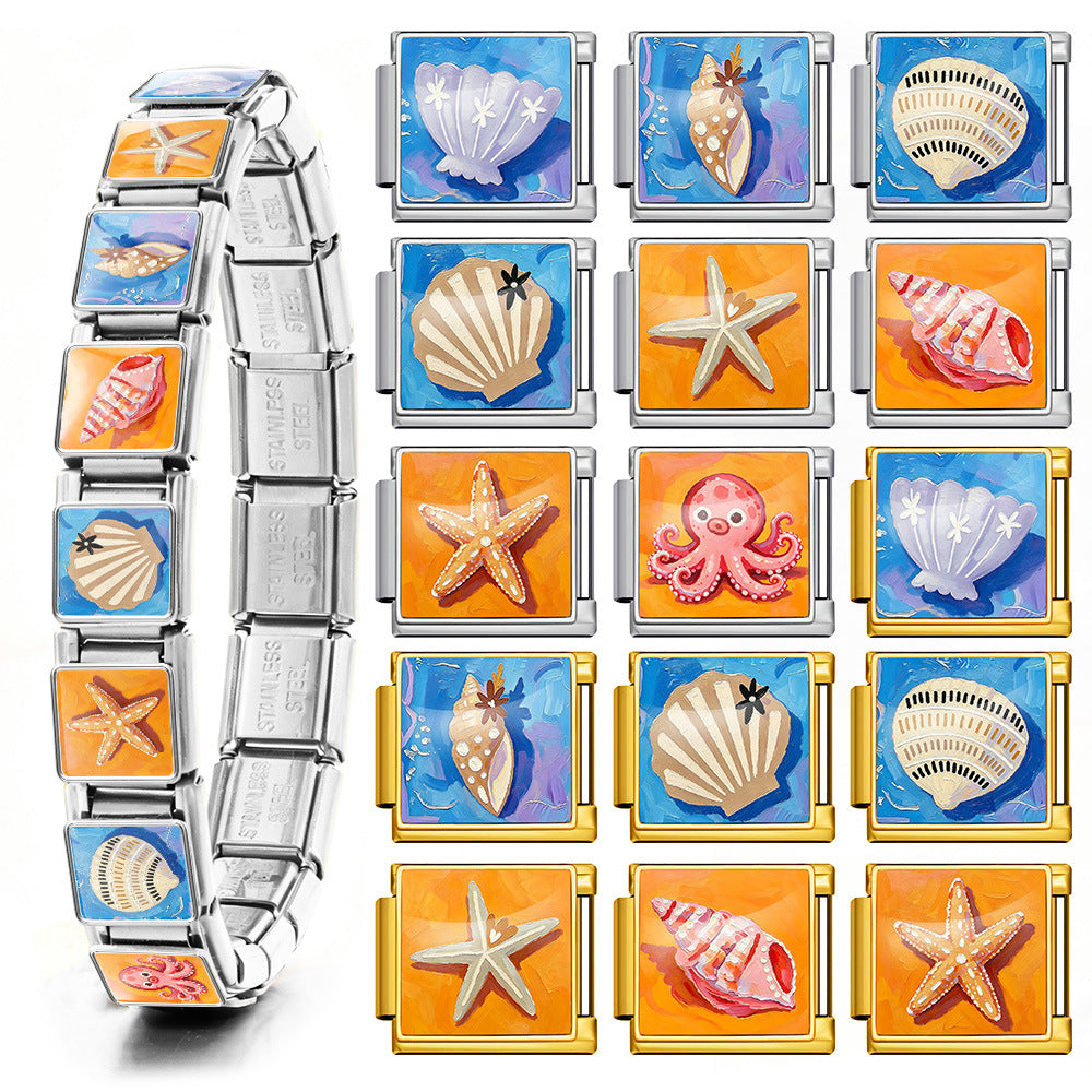 Wholesale Summer Beach Shell Square Painting Pattern Stainless Steel Bracelet DIY Fashion Accessory