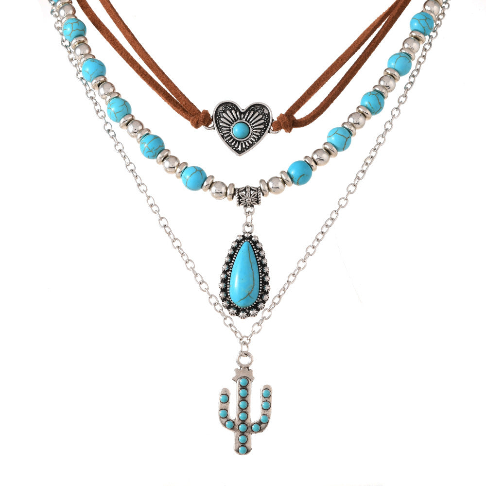 Wholesale Sweet and Cool Style Jewelry Retro Imitation Turquoise Summer Clavicle Chain Beaded Necklace Set