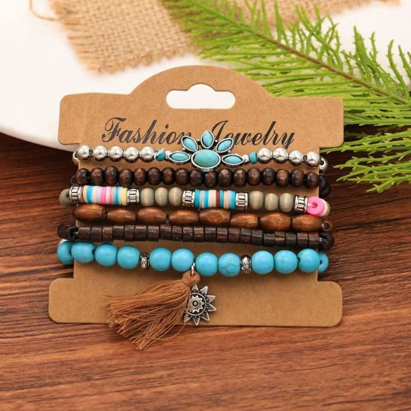 Wholesale Bohemian  Shell Wood Beads Beaded Soft y Pearl Stone Leather Bracelet