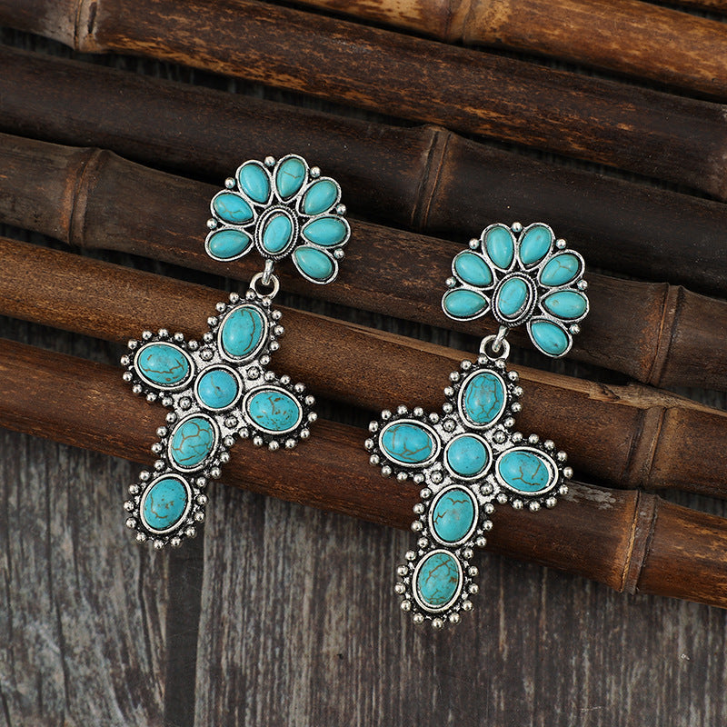 Wholesale Alloy Electroplated Retro Earrings,  Half Flower Turquoise Cross  Design,  Fashion Accessory for Boutique Resale