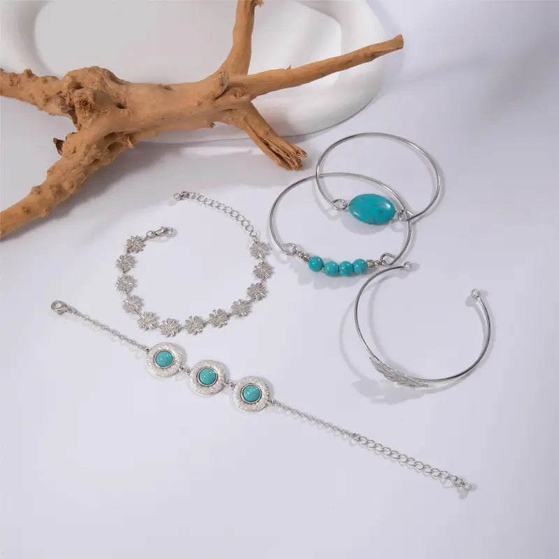 Wholesale Vintage Bohemian Turquoise Inlaid Flower and Feather Bracelet Set