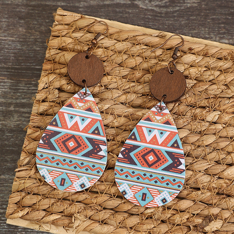 Wholesale Vintage drop-shaped western ethnic style Aztec pattern double-sided leather earrings