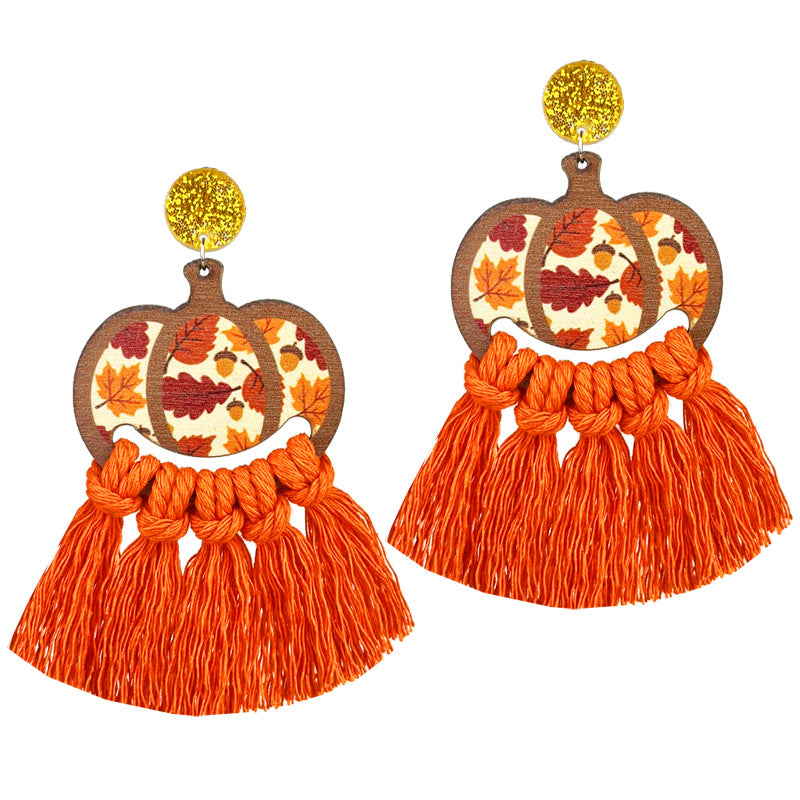 Wholesale 2 Pairs/pack Thanksgiving Day Braided Tassel Earrings Turkey Pumpkin Wood Earrings ACC-ES-HY146