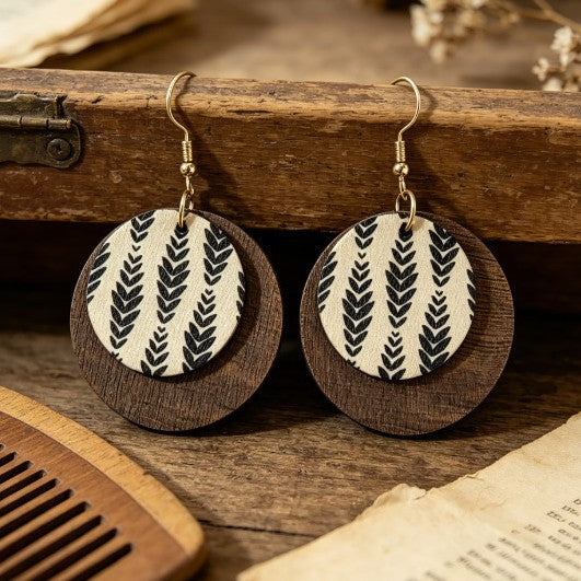 Wholesale Retro Wooden Earrings With Geometric Bohemian Print French Vintage Style Fashion Jewelry Accessory For Gift And Resale