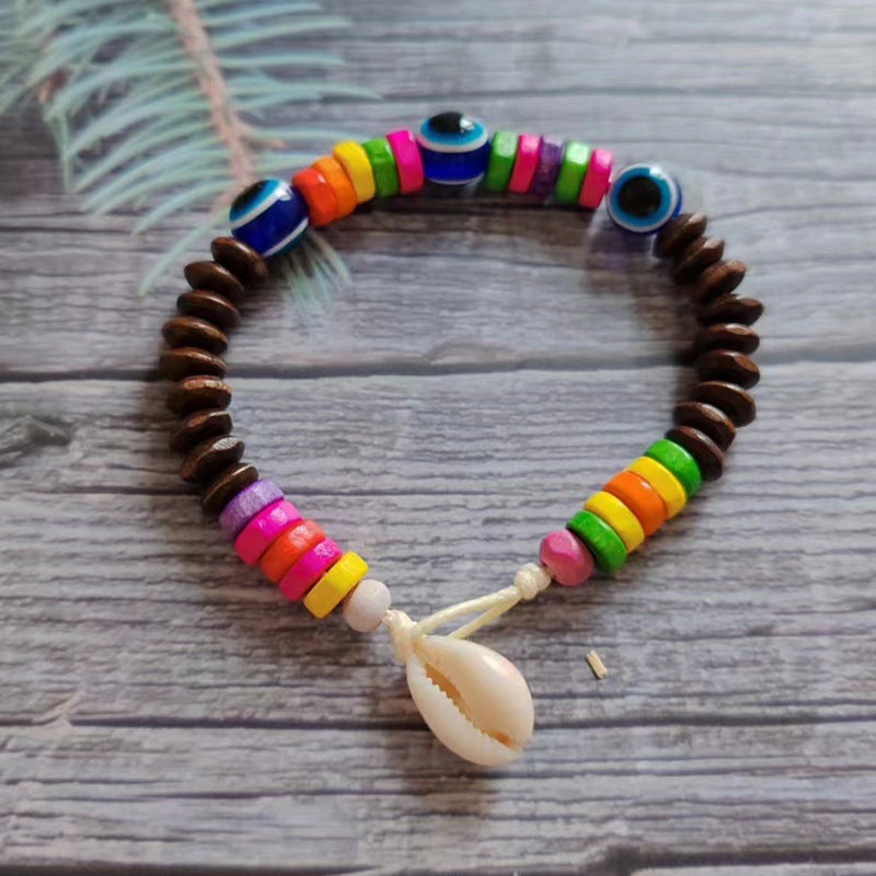 Wholesale Boho Devil's Eye Colored Wooden Beads Natural Shell Bracelet ACC-BT-Youl012