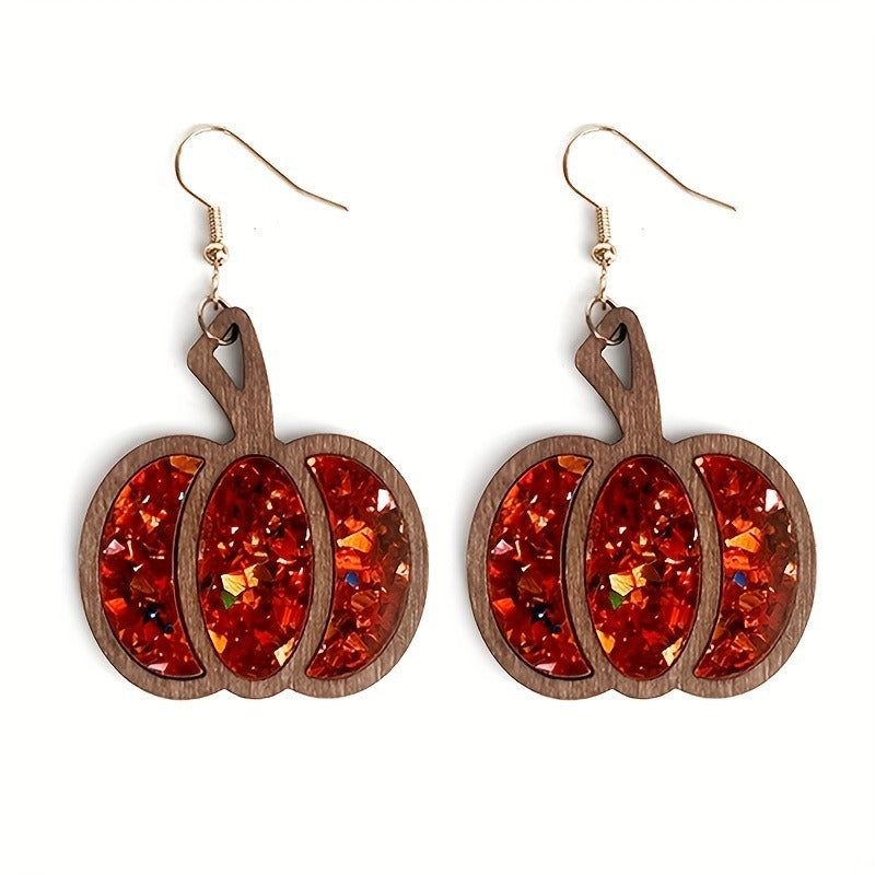 Wholesale  Pumpkin Wood Earrings Retro Leaf Design Jewelry Accessory Fall Gift