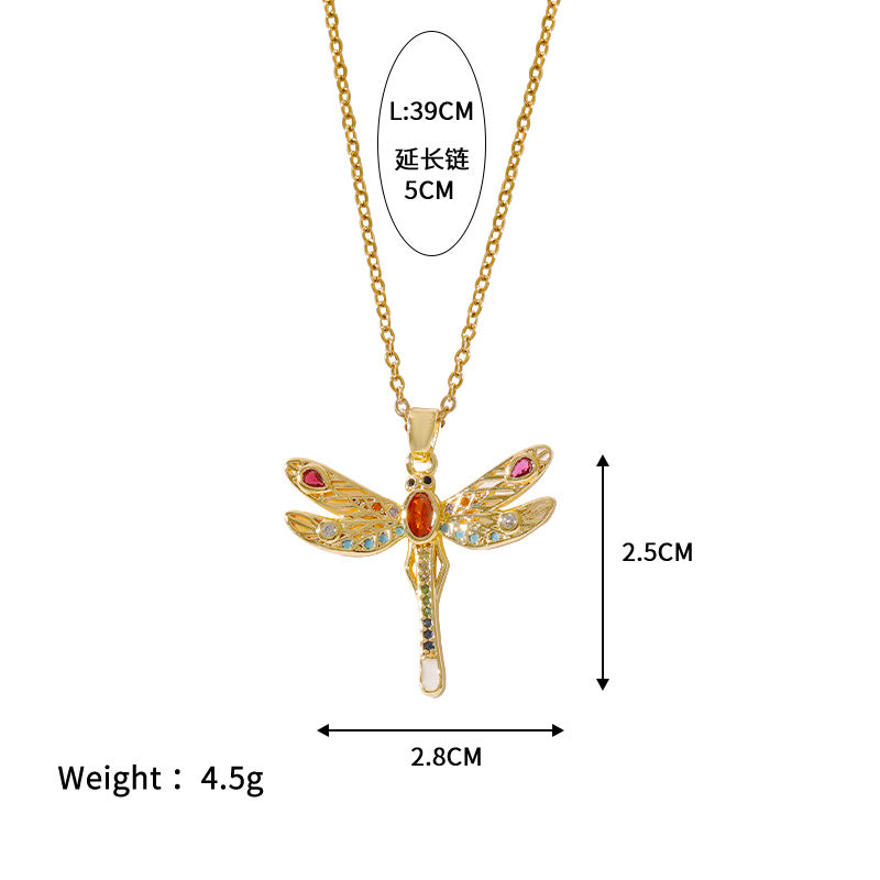 Wholesale  copper plated 18k gold zircon dragonfly pendant painted necklace