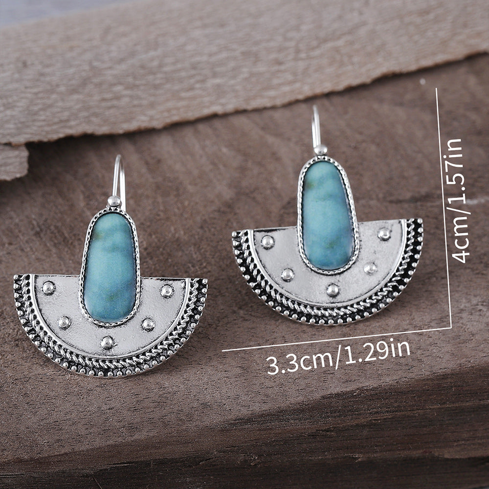 Wholesale Electroplated Zinc Alloy Semi-Circular Turquoise Earrings Ethnic Retro Fashion Accessory
