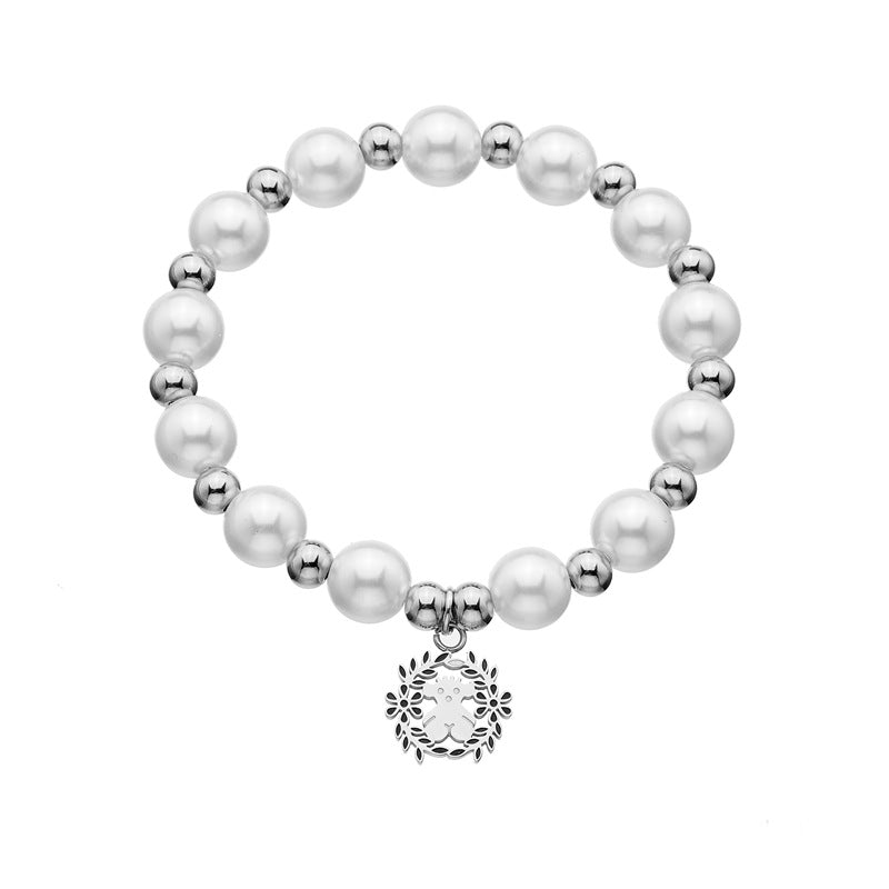 Wholesale 304 Stainless Steel Bracelet 10mm White Bead Oil Dropping Flat Flower Flower Bracelet