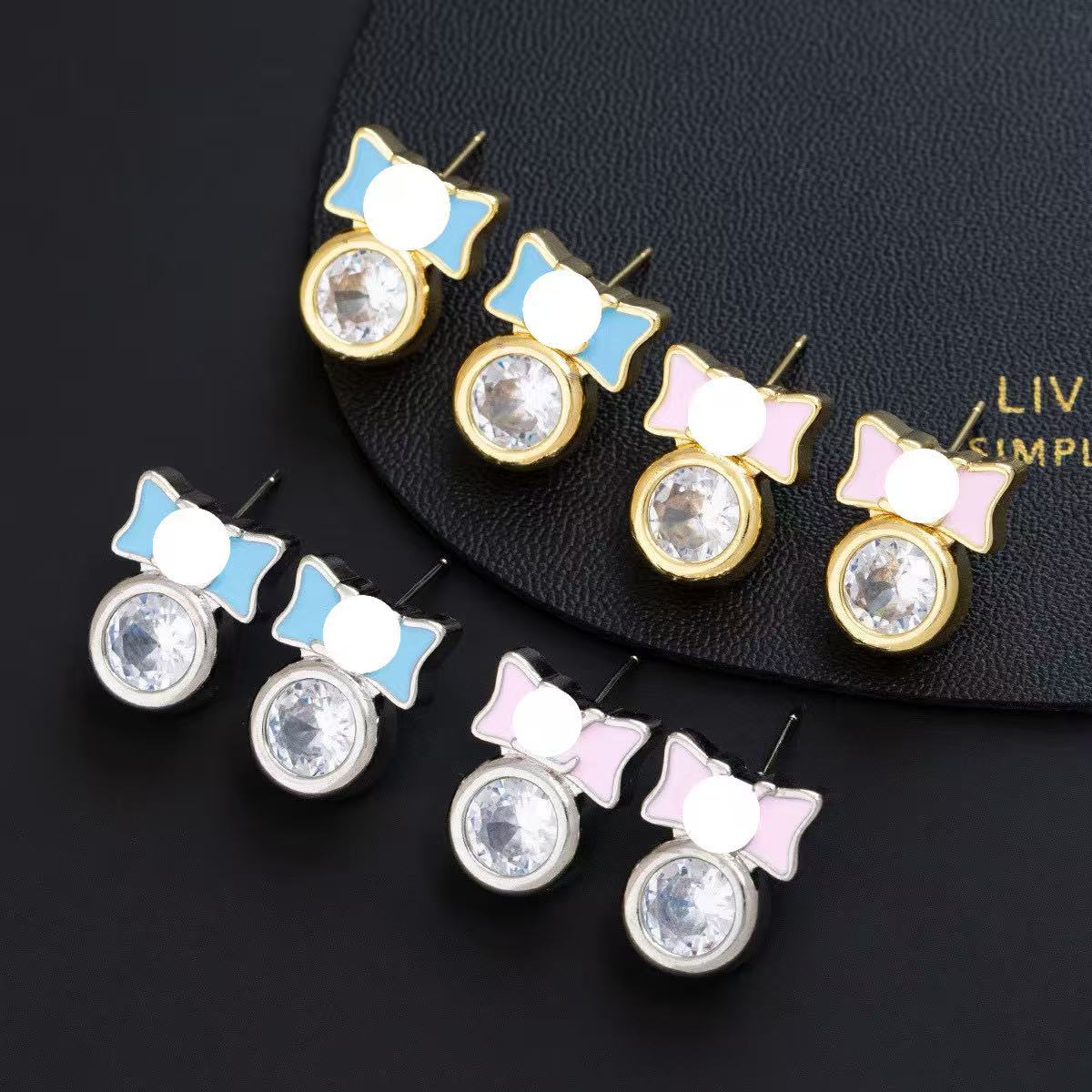 Wholesale French Chic Colorful Zircon Bow Earrings Gold Blue Gold Plated Copper Jewelry Accessory Trendy Party Gift