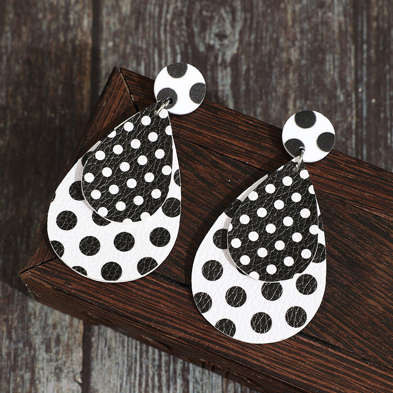 Wholesale Trendy Black White Polka Dot Leather Drop Earrings Double Layer Jewelry Accessory for Party Wear Boutique Resale