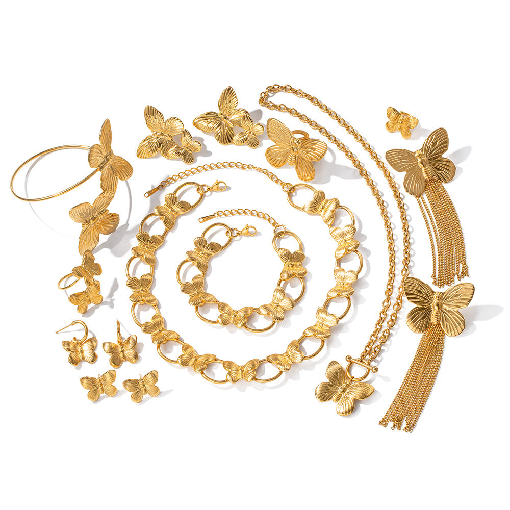 Wholesale Vintage Gold Sand Butterfly Bracelet Ring Necklace Set ACC-ES-WanXing002