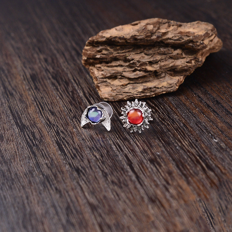 Wholesale European and American Creative Colorful Gemstone Sun and Moon Earrings,  Old Classical Elegant Moonstone Earrings for Women